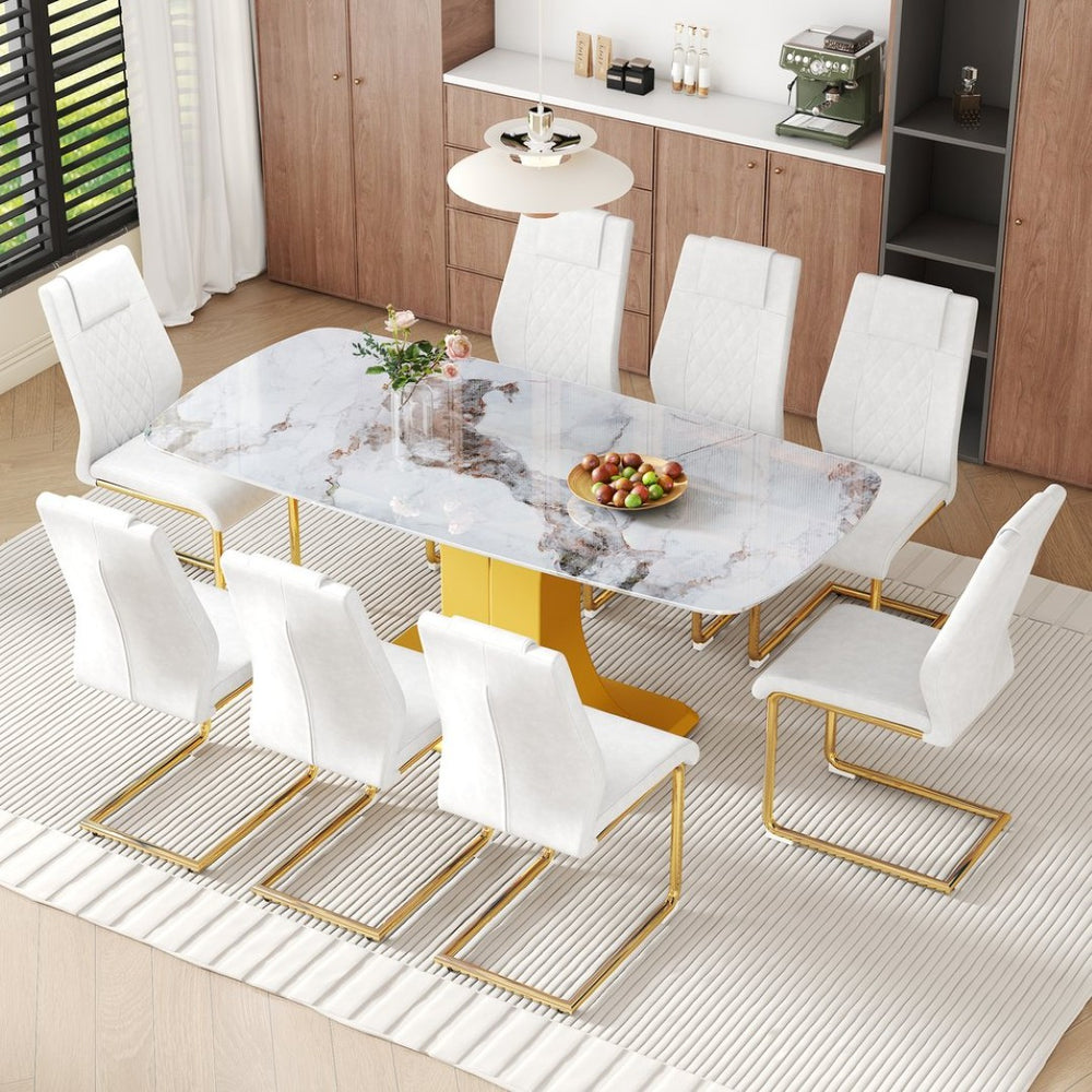 English Elm Table and Chair Set 71 Inch Marble Tempered Glass Top with 8 Gold Legged Seats W1151S04011