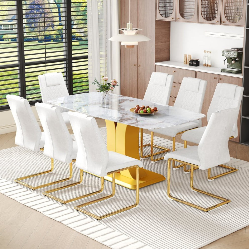 English Elm Table and Chair Set 71 Inch Marble Tempered Glass Top with 8 Gold Legged Seats W1151S04011