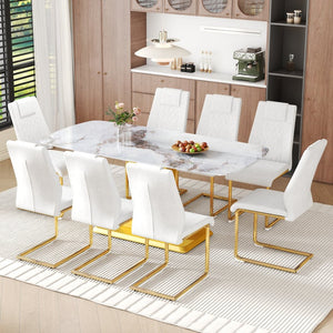 English Elm Table and Chair Set 71 Inch Marble Tempered Glass Top with 8 Gold Legged Seats W1151S04011