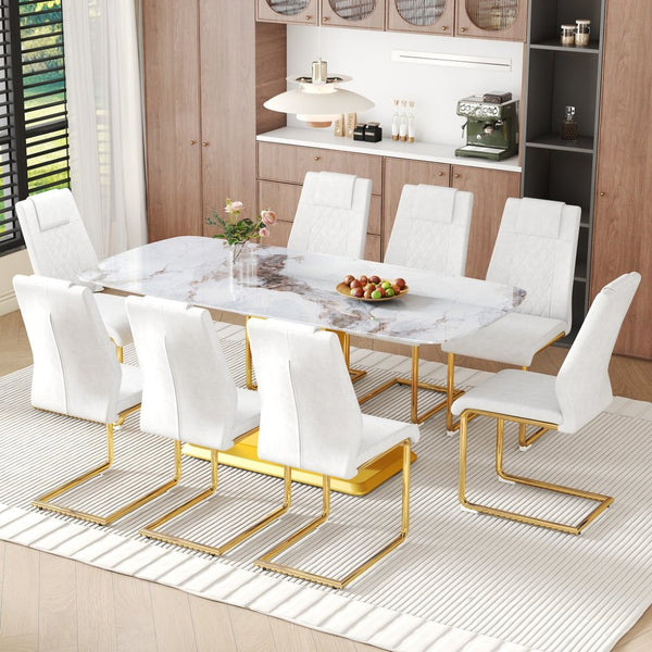 English Elm Table and Chair Set 71 Inch Marble Tempered Glass Top with 8 Gold Legged Seats W1151S04011