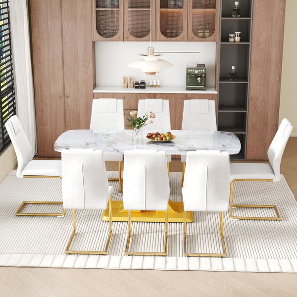 English Elm Table and Chair Set 71 Inch Marble Tempered Glass Top with 8 Gold Legged Seats W1151S04011
