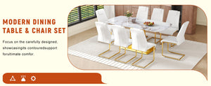 English Elm Table and Chair Set 71 Inch Marble Tempered Glass Top with 8 Gold Legged Seats W1151S04011