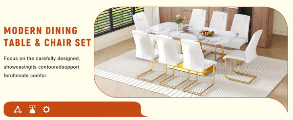 English Elm Table and Chair Set 71 Inch Marble Tempered Glass Top with 8 Gold Legged Seats W1151S04011