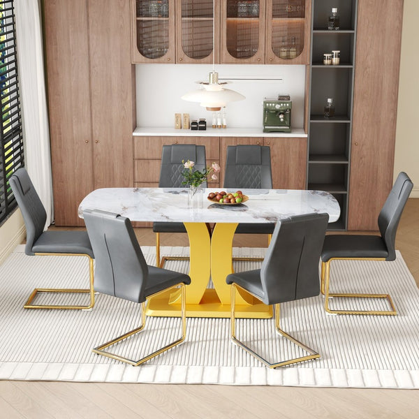 English Elm Table Set Marble Textured Glass Top Six Seater with Gold Leg Glam Dining Room Dark Gray+Gold W1151S04012