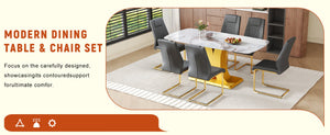 English Elm Table Set Marble Textured Glass Top Six Seater with Gold Leg Glam Dining Room Dark Gray+Gold W1151S04012