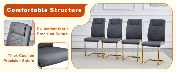 English Elm Table Set Marble Textured Glass Top Six Seater with Gold Leg Glam Dining Room Dark Gray+Gold W1151S04012
