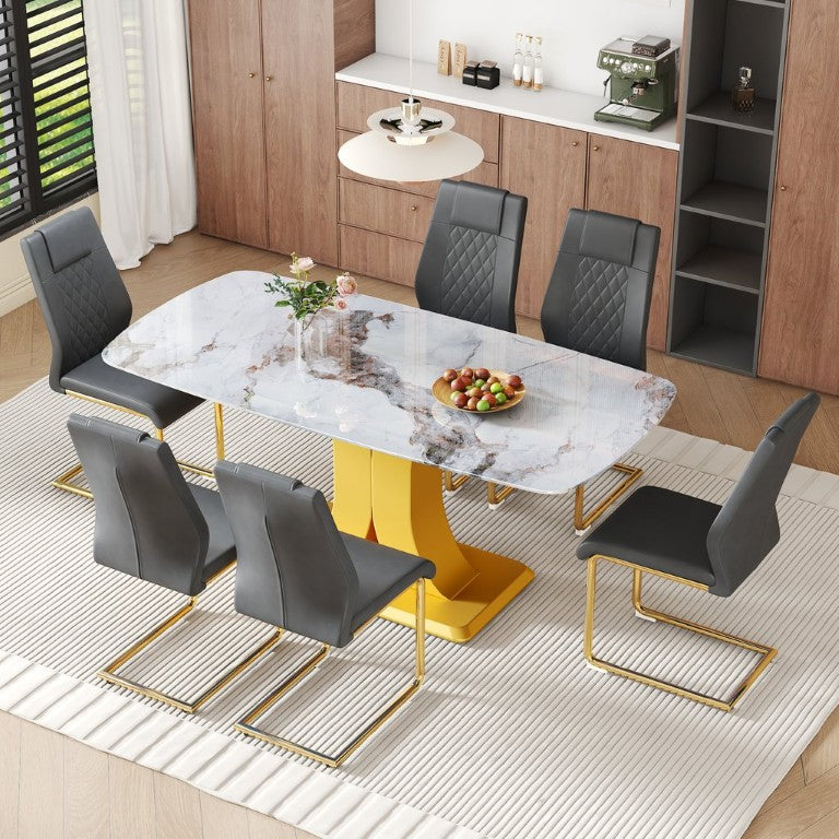English Elm Table and Chair Set 71 Inch Glass Marble Finish Top with Six PU Leather Seats Dark Gray, White+Gold W1151S04012