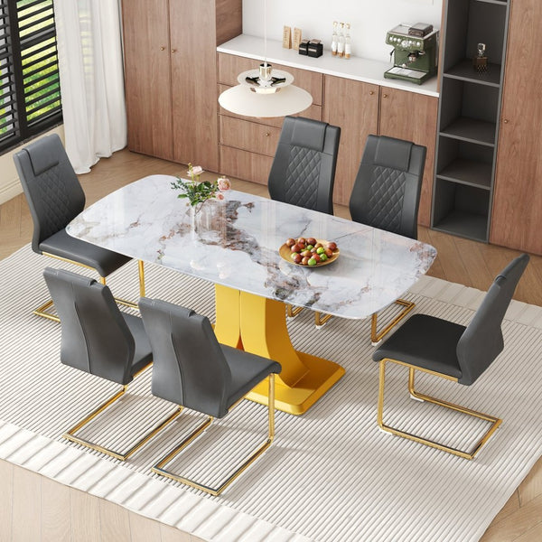 English Elm Table Set Marble Textured Glass Top Six Seater with Gold Leg Glam Dining Room Dark Gray+Gold W1151S04012