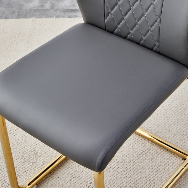 English Elm Table Set Marble Textured Glass Top Six Seater with Gold Leg Glam Dining Room Dark Gray+Gold W1151S04012