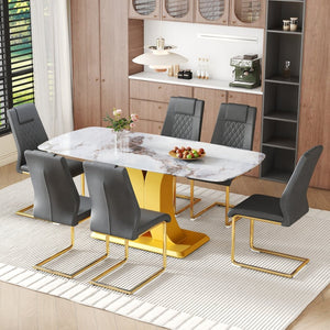 English Elm Table Set Marble Textured Glass Top Six Seater with Gold Leg Glam Dining Room Dark Gray+Gold W1151S04012