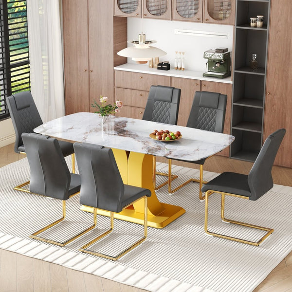 English Elm Table Set Marble Textured Glass Top Six Seater with Gold Leg Glam Dining Room Dark Gray+Gold W1151S04012