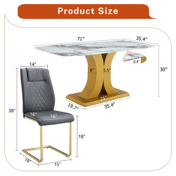 English Elm Table Set Marble Textured Glass Top Six Seater with Gold Leg Glam Dining Room Dark Gray+Gold W1151S04012