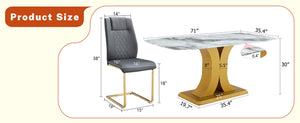 English Elm Table Set Marble Textured Glass Top Six Seater with Gold Leg Glam Dining Room Dark Gray+Gold W1151S04012