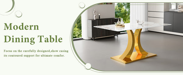 English Elm 30 Inch Tempered Glass Dining Table Marble Texture Top Dual Metal Base Seats Six W1151S04061