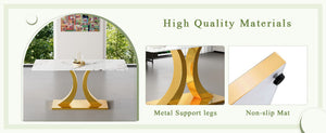 English Elm 30 Inch Tempered Glass Dining Table Marble Texture Top Dual Metal Base Seats Six W1151S04061