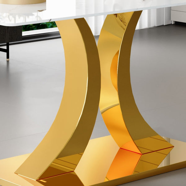 English Elm 30 Inch Tempered Glass Dining Table Marble Texture Top Dual Metal Base Seats Six W1151S04061