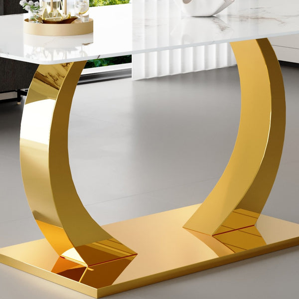 English Elm 30 Inch Tempered Glass Dining Table Marble Texture Top Dual Metal Base Seats Six W1151S04061
