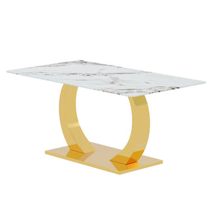 English Elm 30 Inch Tempered Glass Dining Table Marble Texture Top Dual Metal Base Seats Six W1151S04061
