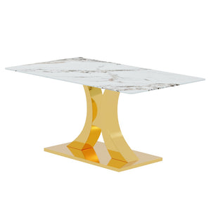 English Elm 30 Inch Tempered Glass Dining Table Marble Texture Top Dual Metal Base Seats Six W1151S04061
