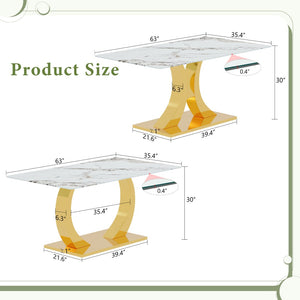 English Elm 30 Inch Tempered Glass Dining Table Marble Texture Top Dual Metal Base Seats Six W1151S04061