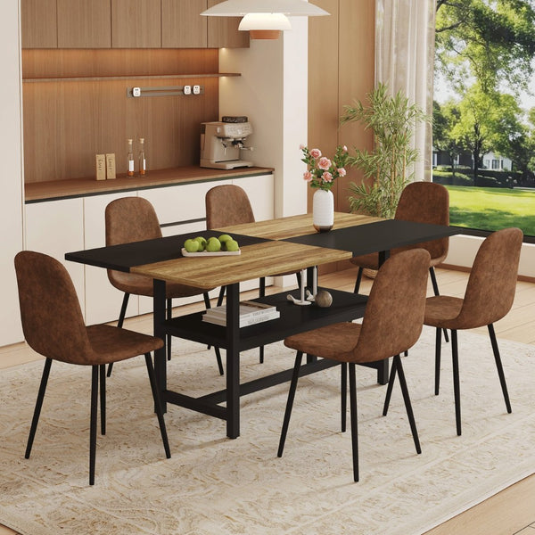 English Elm Table and Chair Set Seats Six with Two-tone Wood Black Top Plus Built-in Shelf W1151S04078