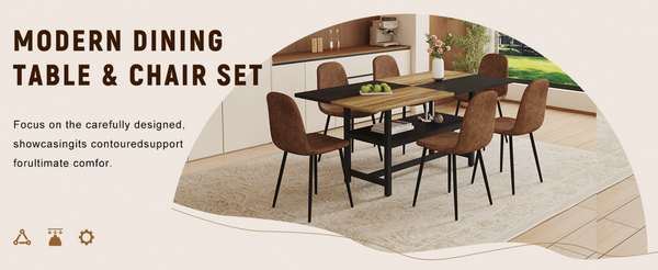 English Elm Table and Chair Set Seats Six with Two-tone Wood Black Top Plus Built-in Shelf W1151S04078
