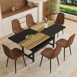 English Elm Table and Chair Set Seats Six with Two-tone Wood Black Top Plus Built-in Shelf W1151S04078
