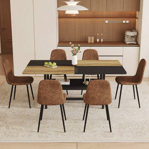 English Elm Table and Chair Set Seats Six with Two-tone Wood Black Top Plus Built-in Shelf W1151S04078