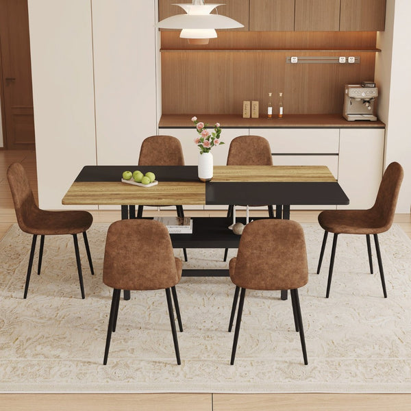 English Elm Table and Chair Set Seats Six with Two-tone Wood Black Top Plus Built-in Shelf W1151S04078