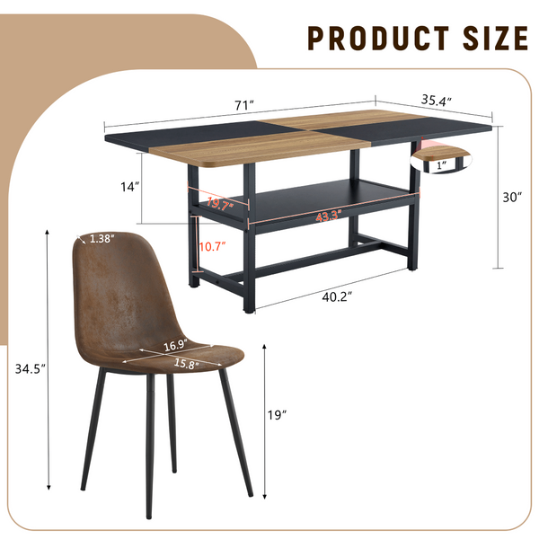 English Elm Table and Chair Set Seats Six with Two-tone Wood Black Top Plus Built-in Shelf W1151S04078