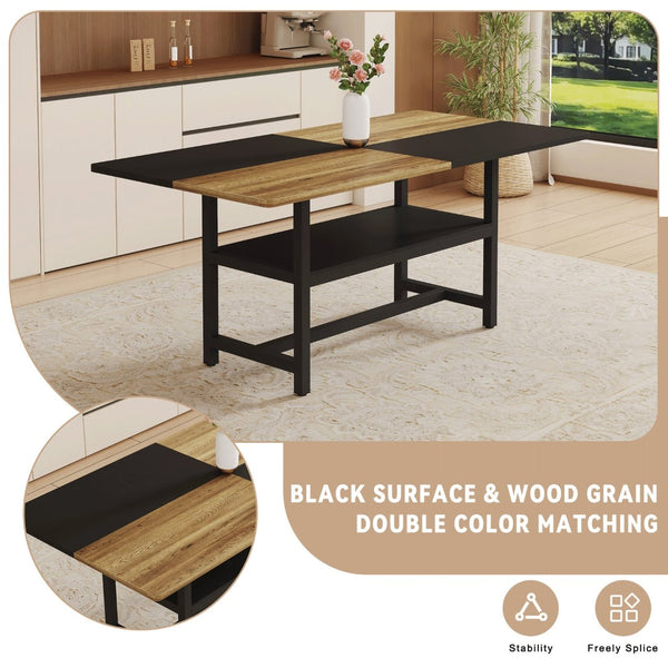 English Elm Table and Chair Set Seats Six with Two-tone Wood Black Top Plus Built-in Shelf W1151S04078