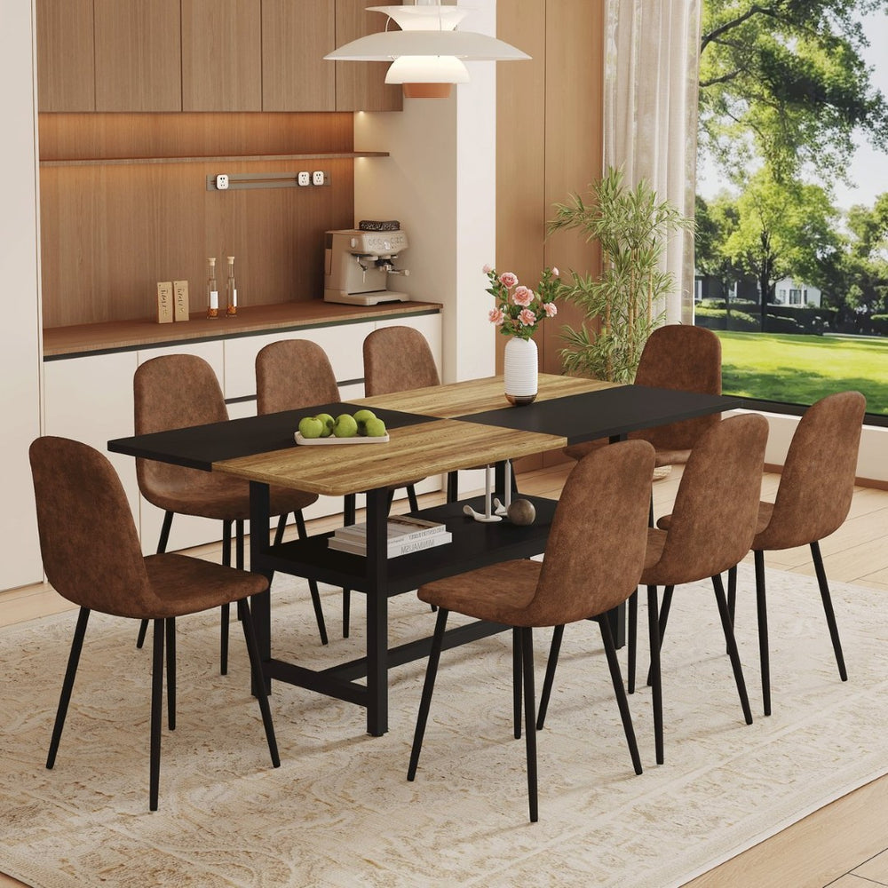 English Elm Table and Chair Set Seats 8 Two-tone Wood Black Mdf Top with Built-in Storage Shelf W1151S04079