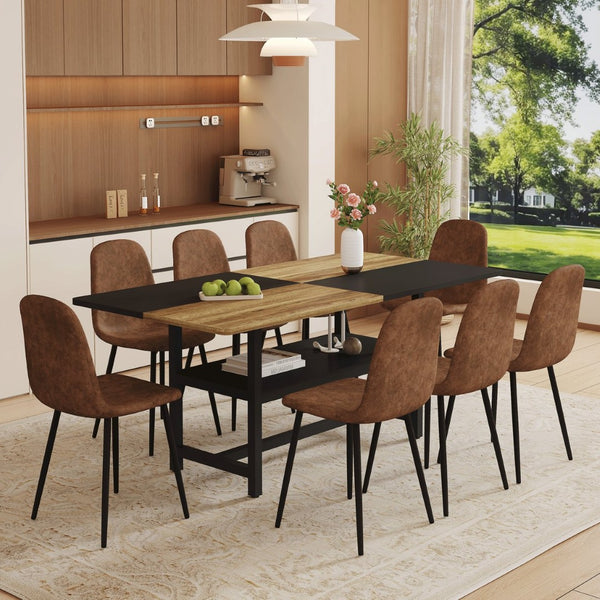 English Elm Table and Chair Set Seats 8 Two-tone Wood Black Mdf Top with Built-in Storage Shelf W1151S04079