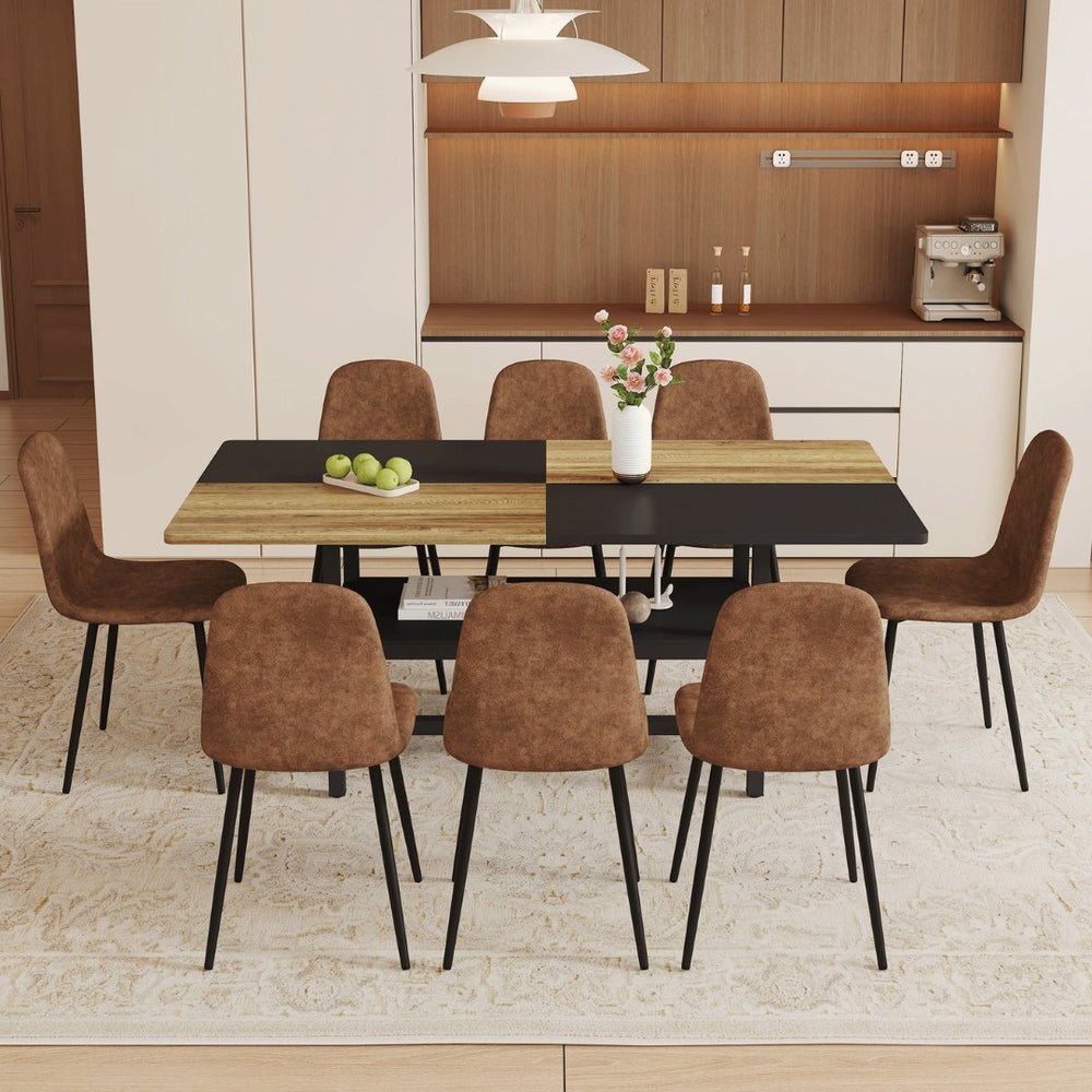 English Elm Table and Chair Set Seats 8 Two-tone Wood Black Mdf Top with Built-in Storage Shelf W1151S04079