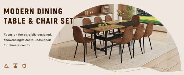 English Elm Table and Chair Set Seats 8 Two-tone Wood Black Mdf Top with Built-in Storage Shelf W1151S04079