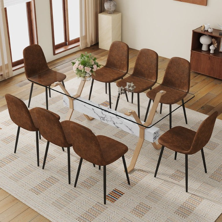 English Elm Table and Chair Set Large Glass Top Dining with X Base and 8 Upholstered Seats W1151S04094