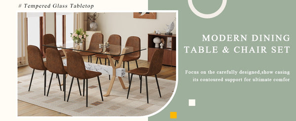 English Elm Table and Chair Set Large Glass Top Dining with X Base and 8 Upholstered Seats W1151S04094
