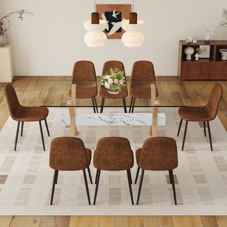 English Elm Table and Chair Set Large Glass Top Dining with X Base and 8 Upholstered Seats W1151S04094