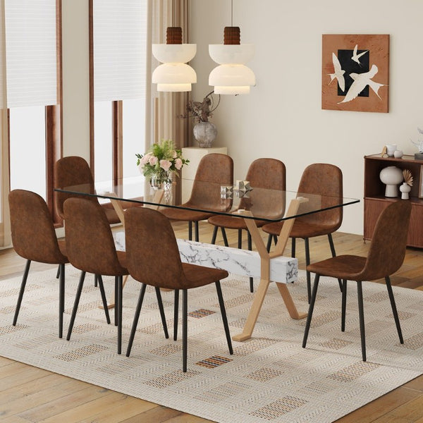 English Elm Table and Chair Set Large Glass Top Dining with X Base and 8 Upholstered Seats W1151S04094