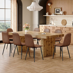 English Elm Table and Chair Set Seats 8 with Wood Grain MDF Top and Upholstered Fabric Dining Chairs W1151S04096