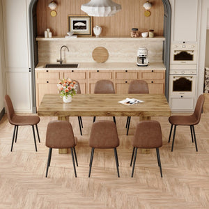 English Elm Table and Chair Set Seats 8 with Wood Grain MDF Top and Upholstered Fabric Dining Chairs W1151S04096