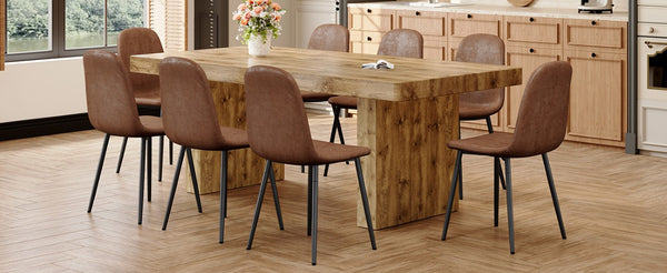 English Elm Table and Chair Set Seats 8 with Wood Grain MDF Top and Upholstered Fabric Dining Chairs W1151S04096