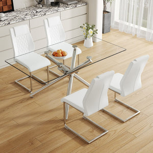 English Elm Table and Chair Set Tempered Glass Top with White Pu Seats and Silver Fork Legs W1151S04125