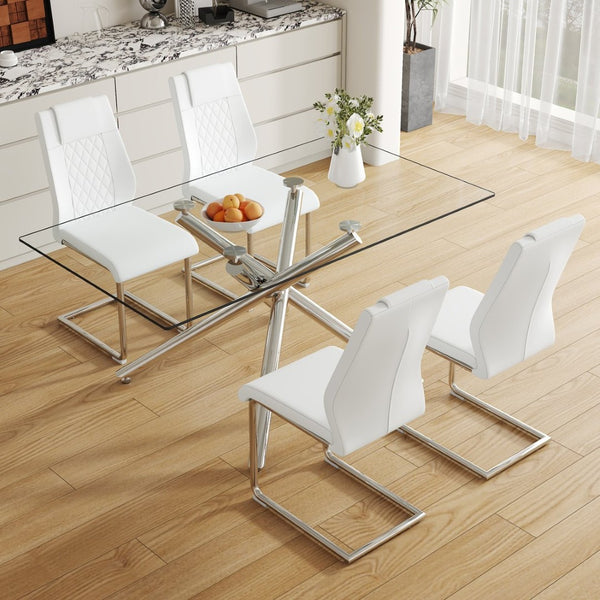 English Elm Table and Chair Set Tempered Glass Top with White Pu Seats and Silver Fork Legs W1151S04125
