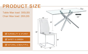 English Elm Table and Chair Set Tempered Glass Top with White Pu Seats and Silver Fork Legs W1151S04125