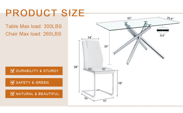 English Elm Table and Chair Set Tempered Glass Top with White Pu Seats and Silver Fork Legs W1151S04125