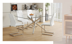 English Elm Table and Chair Set Tempered Glass Top with White Pu Seats and Silver Fork Legs W1151S04125