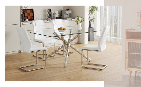 English Elm Table and Chair Set Tempered Glass Top with White Pu Seats and Silver Fork Legs W1151S04125