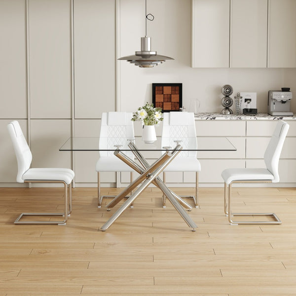 English Elm Table and Chair Set Tempered Glass Top with White Pu Seats and Silver Fork Legs W1151S04125