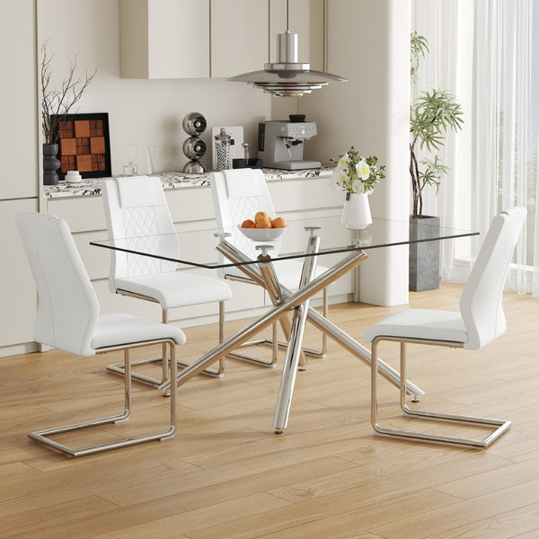 English Elm Table and Chair Set Tempered Glass Top with White Pu Seats and Silver Fork Legs W1151S04125